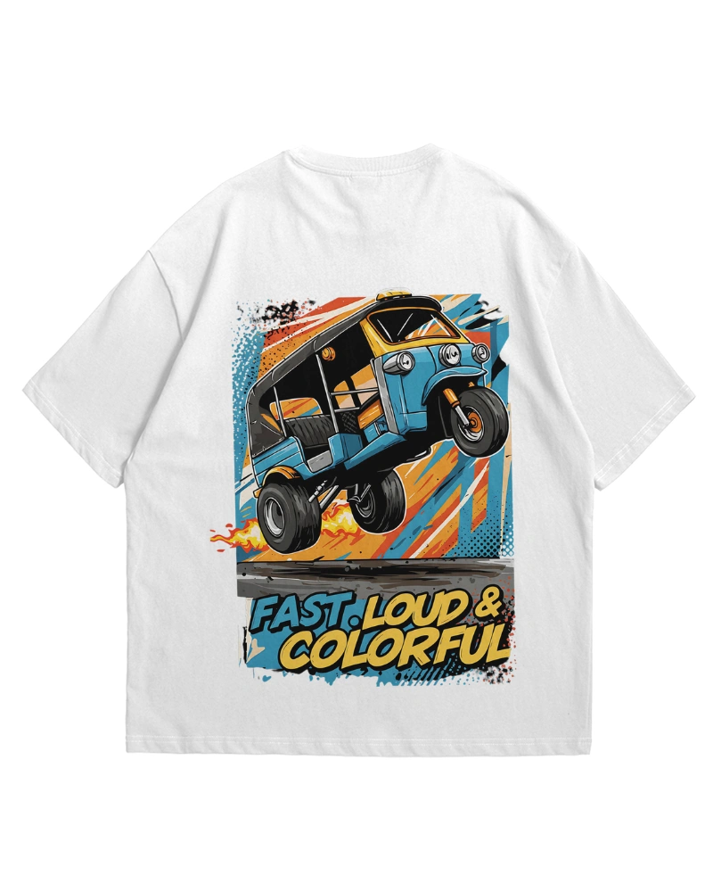 High-energy tuk-tuk graphic T-shirt with bold colors and dynamic design.