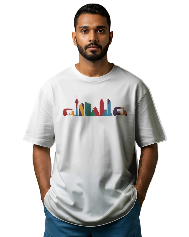 High-energy tuk-tuk graphic T-shirt with bold colors and dynamic design.