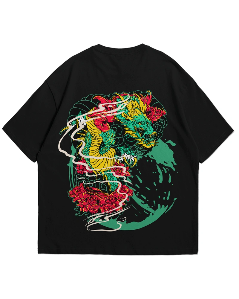 Vibrant Asian dragon t-shirt design with green, yellow and red colors