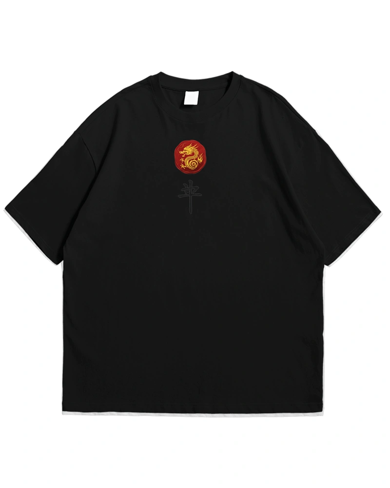 Vibrant Asian dragon t-shirt design with green, yellow and red colors