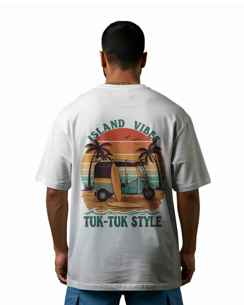 Vintage Tuk-Tuk Surfboard Island Sunset T-Shirt Design