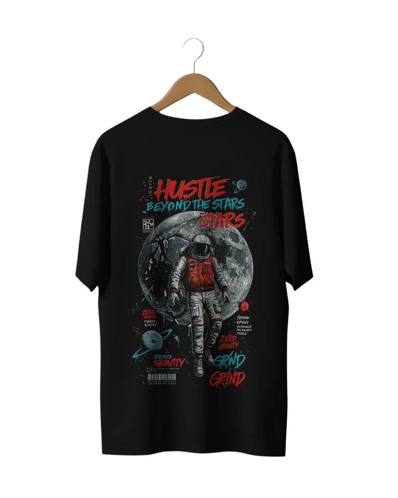 Astronaut T-shirt featuring a cosmic design with 'Hustle Beyond the Stars' typography.