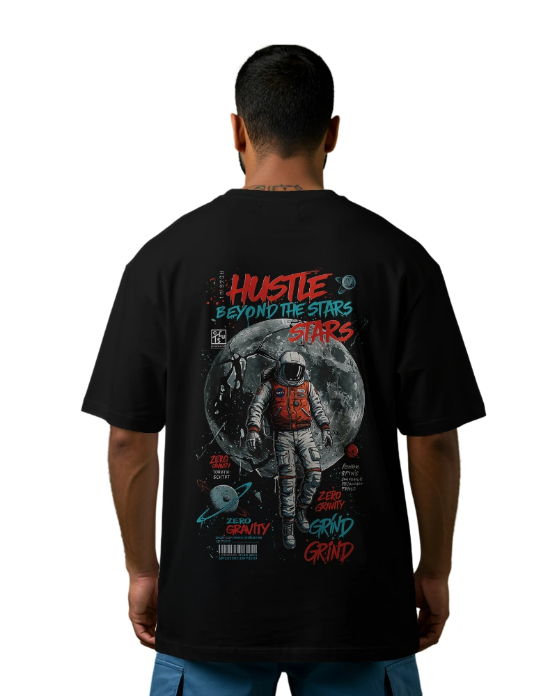 Astronaut T-shirt featuring a cosmic design with 'Hustle Beyond the Stars' typography.