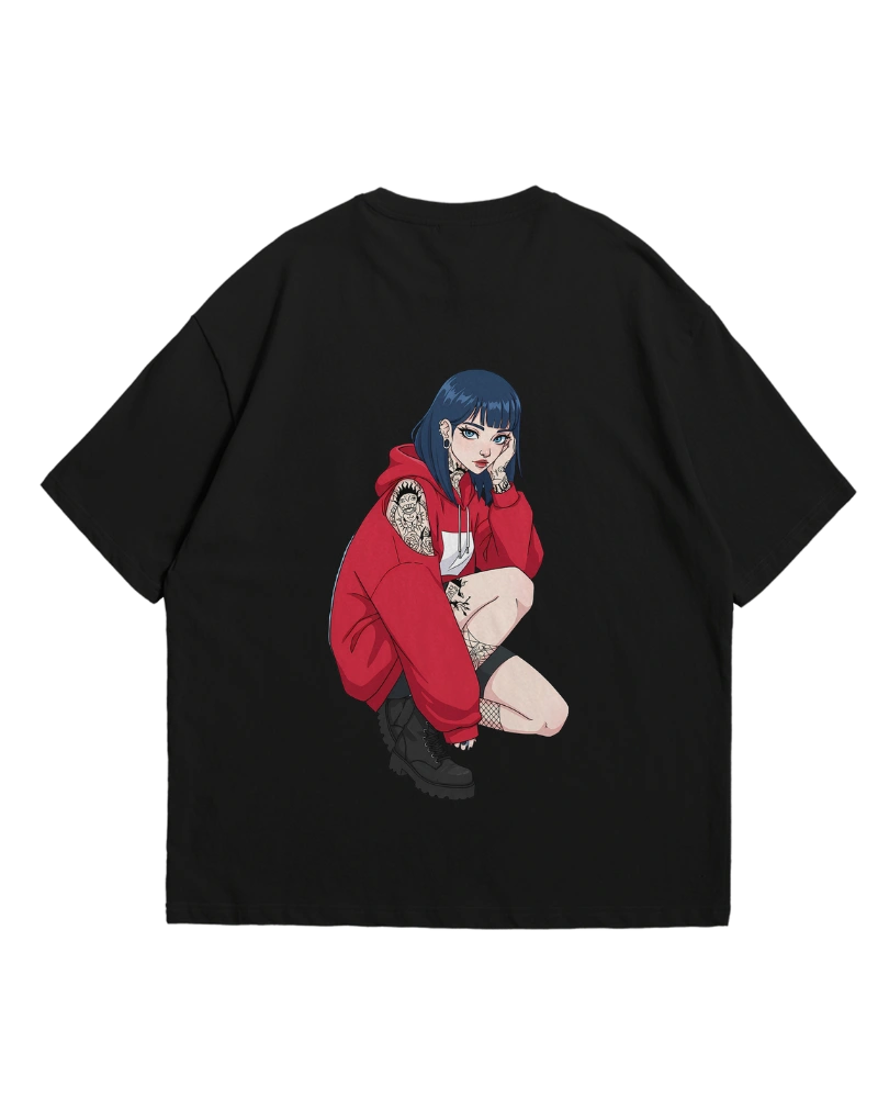 Edgy anime girl in red hoodie oversized t-shirt design