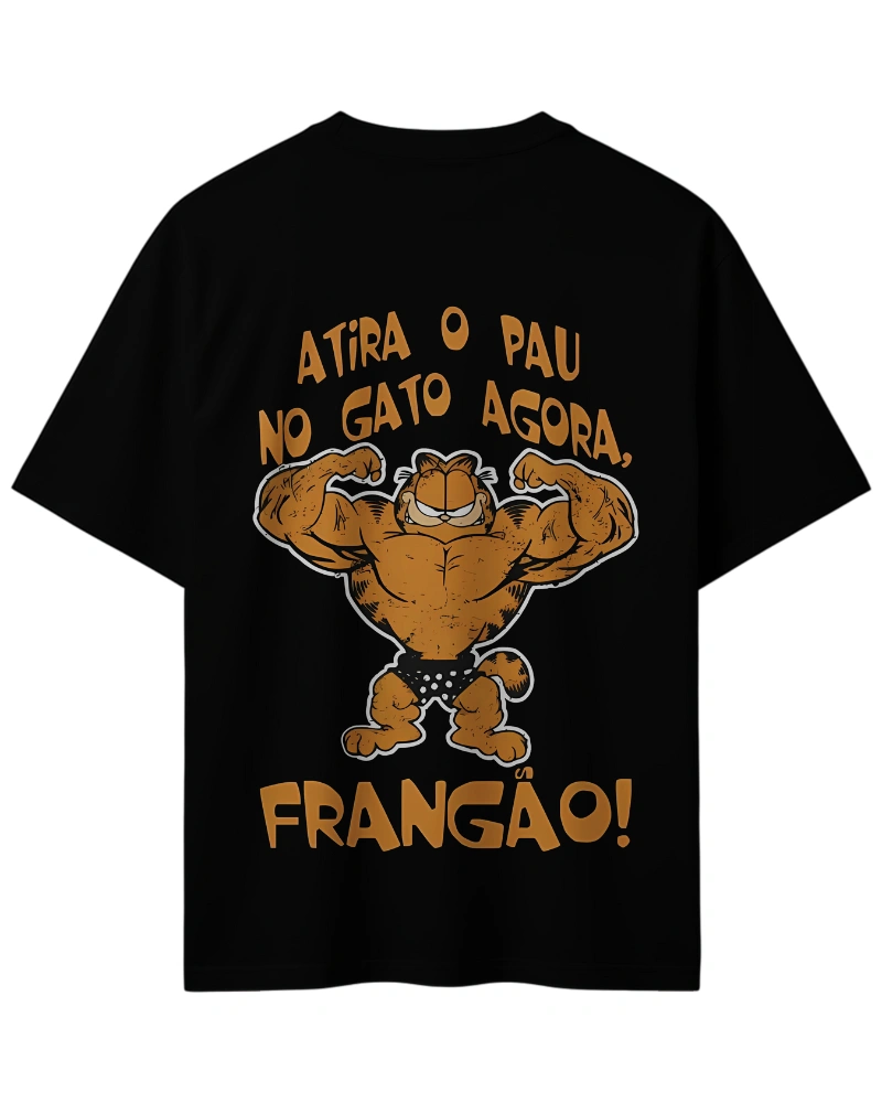 Muscular cartoon cat flexing muscles with Portuguese quote t-shirt design