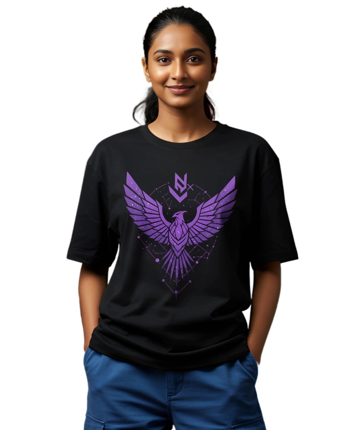 Futuristic phoenix with cyberpunk wings and constellations in a cosmic-themed design.