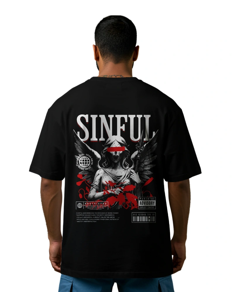 Dark justice skull angel with wings and red blindfold oversized t-shirt design