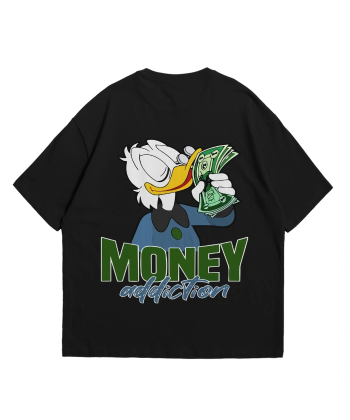 Money Addiction T-shirt featuring a cartoon duck hugging cash with a hustler mindset theme.