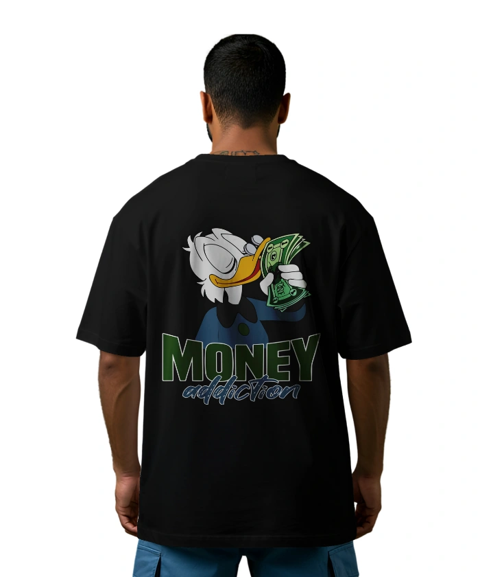 Money Addiction T-shirt featuring a cartoon duck hugging cash with a hustler mindset theme.
