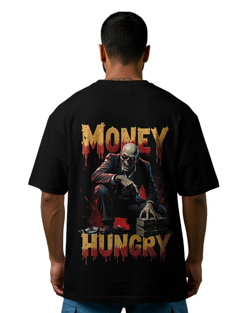 Money hungry skeleton businessman with cash stacks oversized t-shirt design
