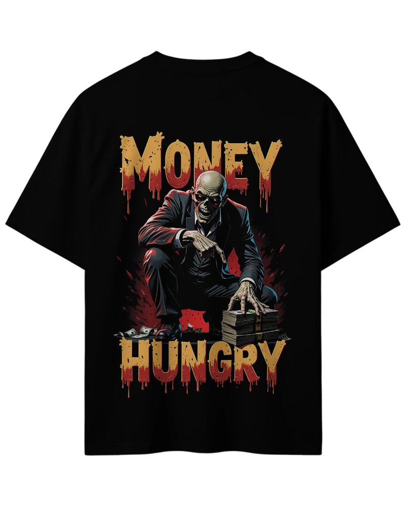 Money hungry skeleton businessman with cash stacks oversized t-shirt design