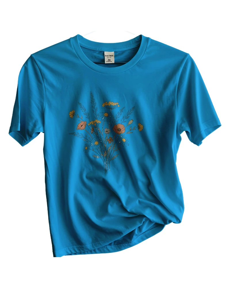 Vintage Wildflower Botanical T-Shirt with Hand-Drawn Daisy and Poppy Design