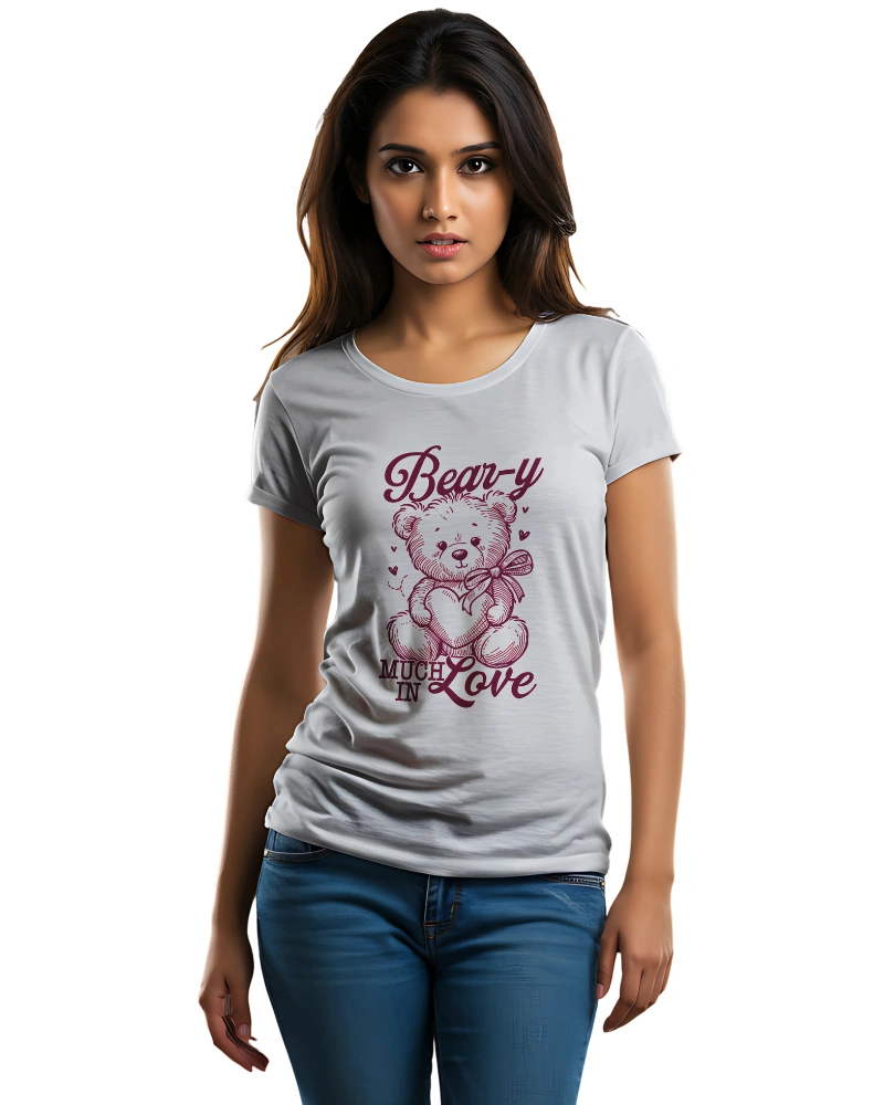 Burgundy teddy bear t-shirt with Bear-y Much In Love text