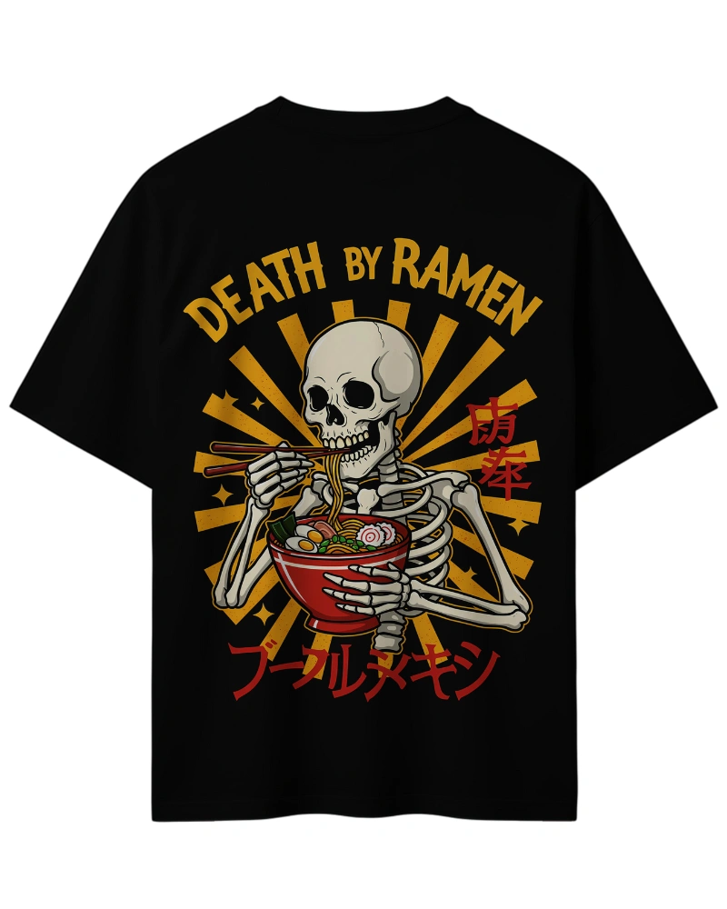 Death by Ramen skeleton t-shirt with Japanese characters and sunburst design