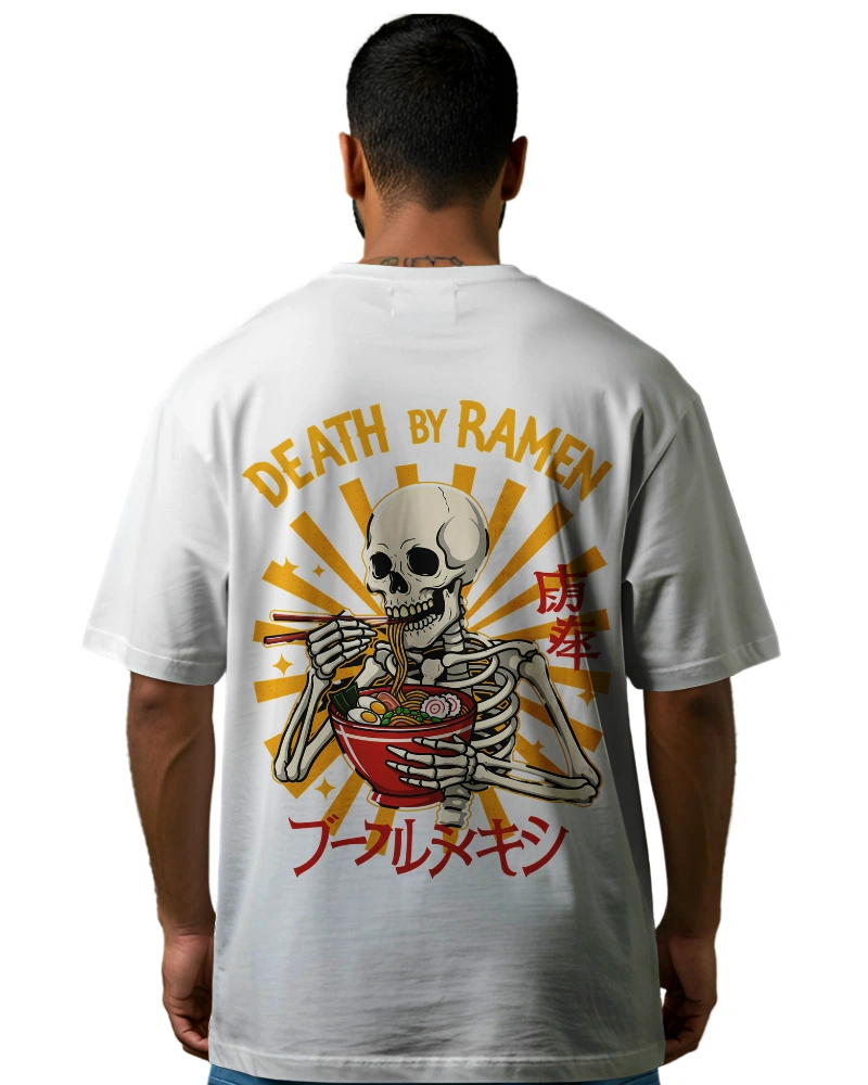 Death by Ramen skeleton t-shirt with Japanese characters and sunburst design
