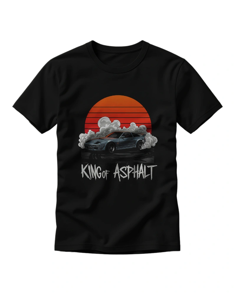 King of Asphalt JDM Drift Car T-Shirt with Retro Sunset Background