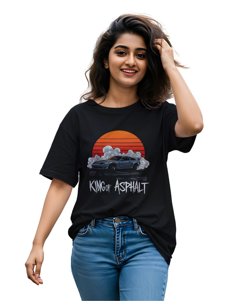 King of Asphalt JDM Drift Car T-Shirt with Retro Sunset Background