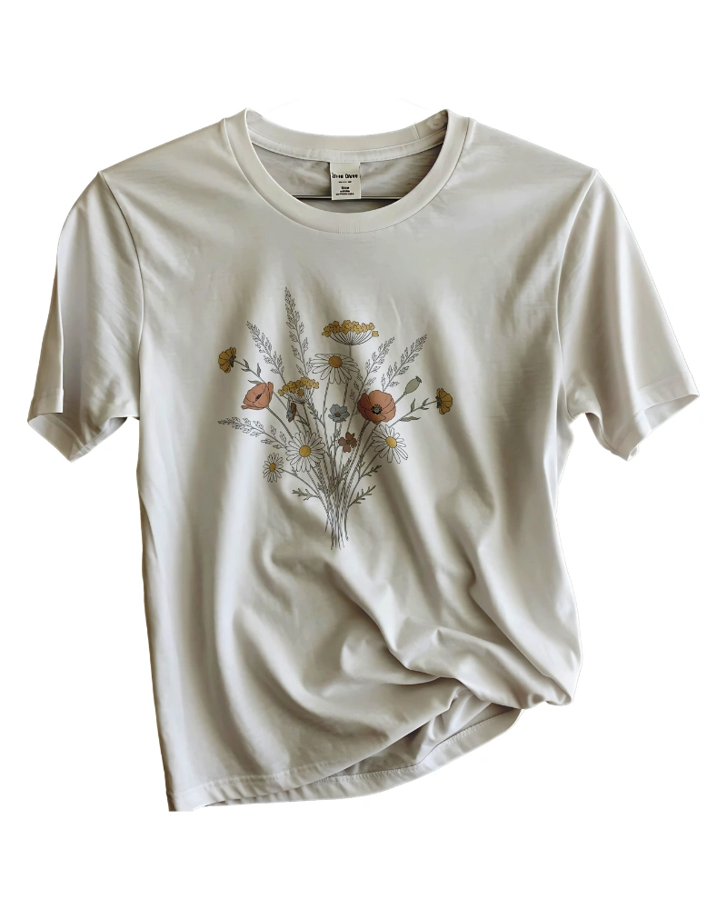 Vintage Wildflower Botanical T-Shirt with Hand-Drawn Daisy and Poppy Design
